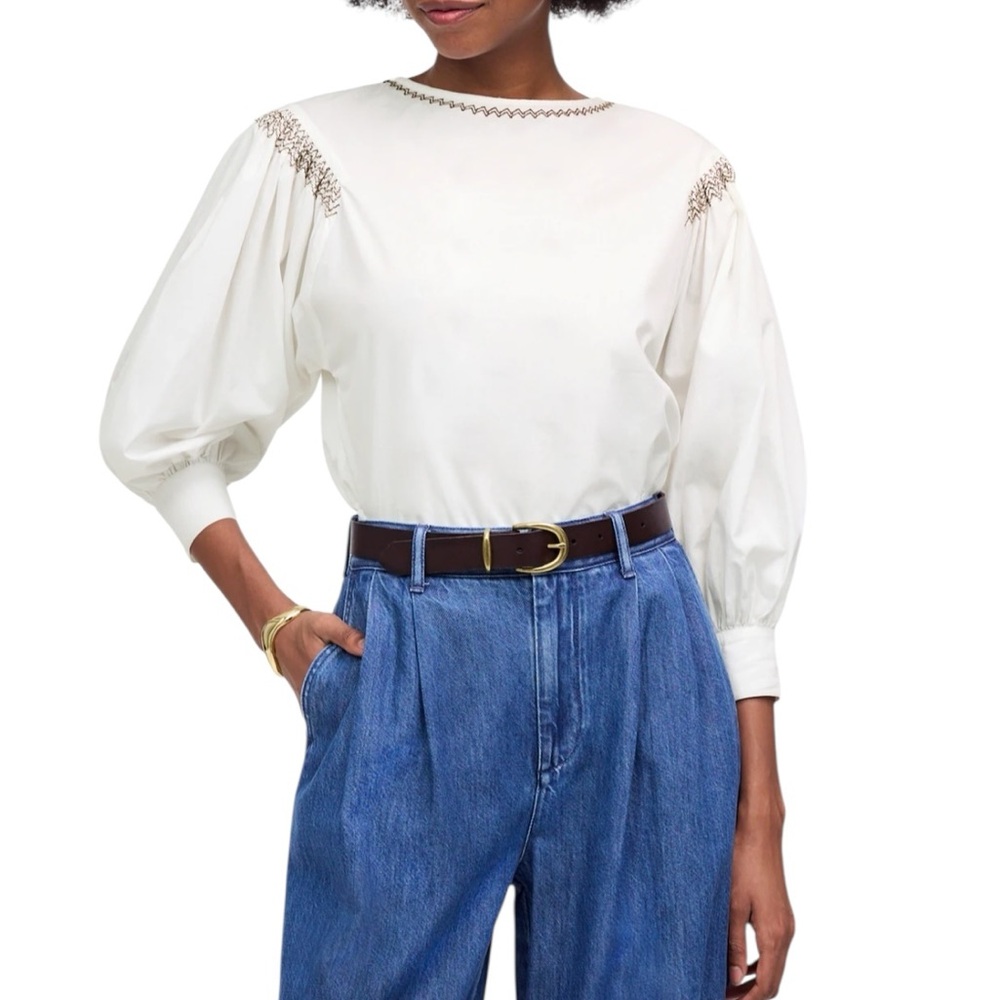 Madewell Embroidered Poplin Balloon-Sleeve Top in White